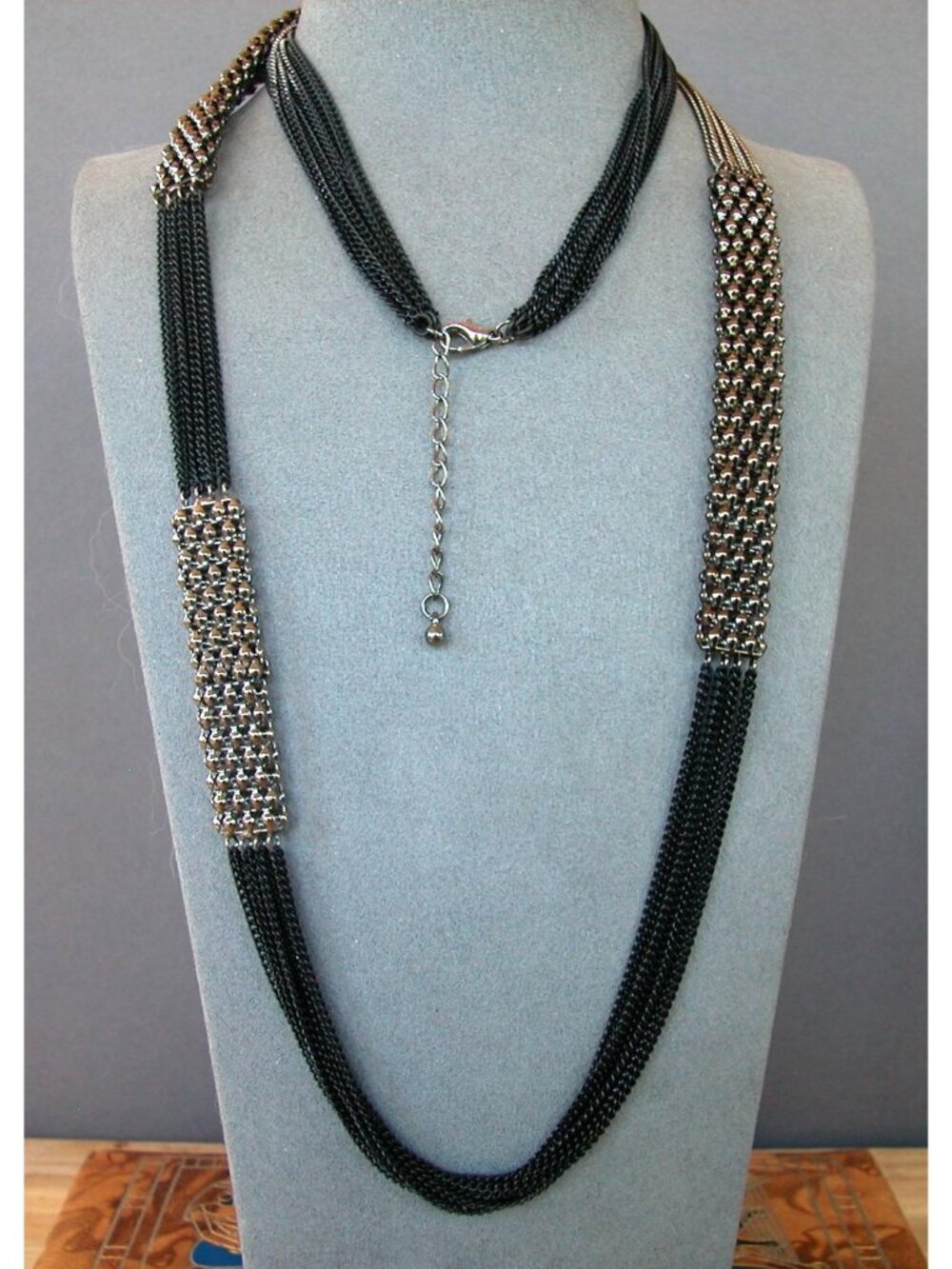 Eight Strand Black Chain & Basket Weave Necklace 40 Inches